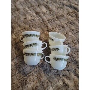 6 Vintage PYREX Mugs Cups Spring Blossom Crazy Daisy Milk Glass Green Flowers